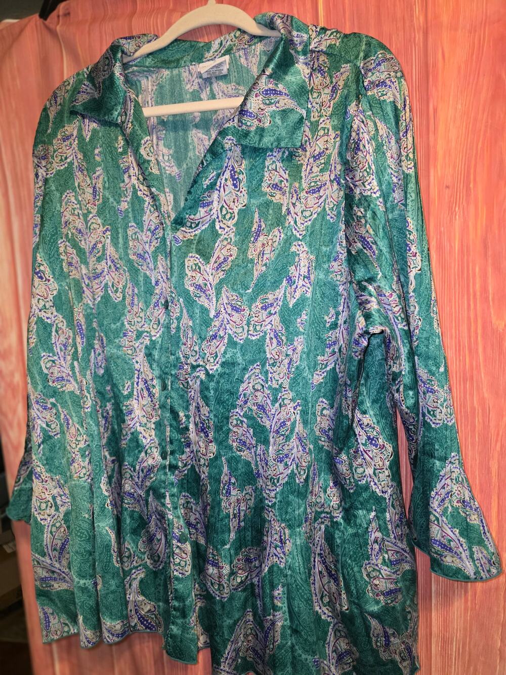 Jaclyn Smith Womens 3X Green Paisley Plisse Textured Satin Button Shirt Blouse